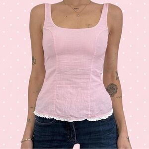 pink lace trim corset top with lace up ribbon detail in the back